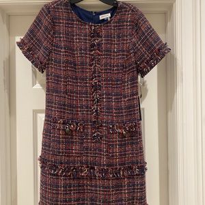 Tweed look mini dress - navy red and cream
